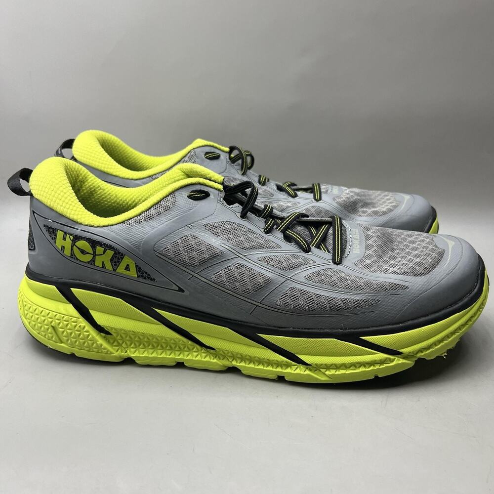 Hoka One One Clifton 2 Running Shoes Men Size 12.5 Gray Yellow Comfort Sneakers